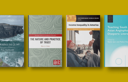 A graphic featuring four spring books by faculty