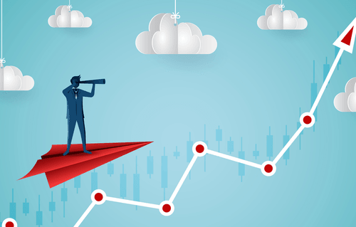 Illustration of a person looking ahead with a telescope above an upward-trending graph, representing future growth and planning.