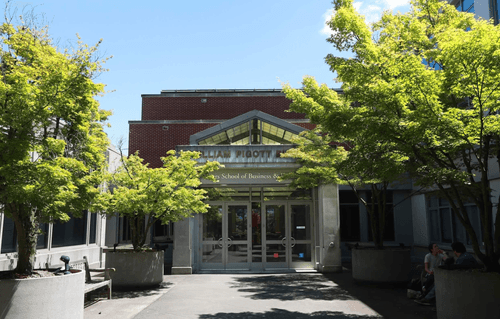 Entrance to the Pigott Building, home of the Albers School of Business & Economics