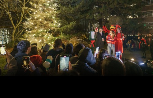 Students looking festive at the campus Christmas Tree Lighting event