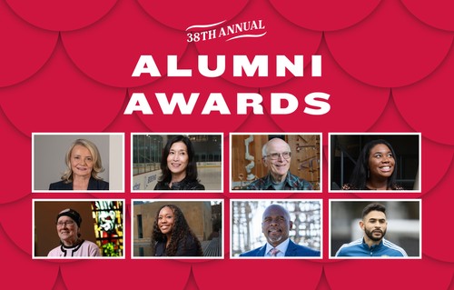 38th Annual Alumni Awards logo on red patterned background