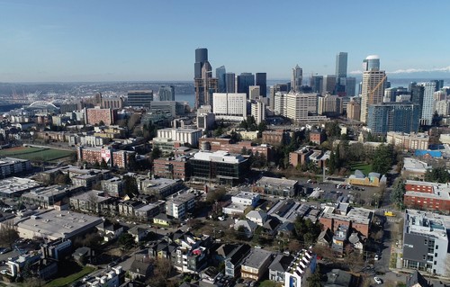 An aerial view of the seattle skyline.