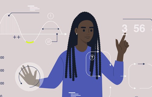 Cartoon of a woman writing formulas and diagrams on a lightboard