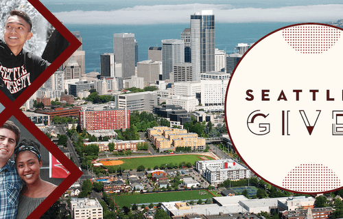 Graphic with �鶹��ýӳ�� Gives logo and diamond-shaped pictures of students overlaid on aerial view of campus