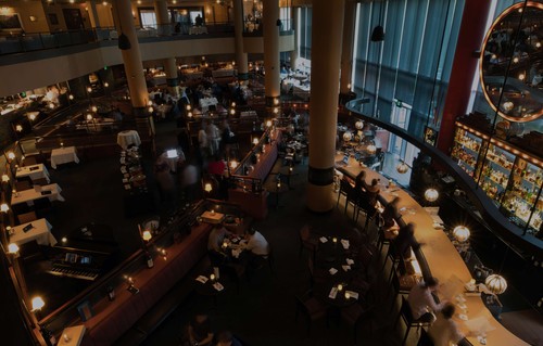 Overhead view of a crowded fine dining restaurant