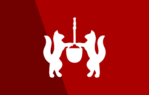 Loyola crest featuring two wolves in white against a red background