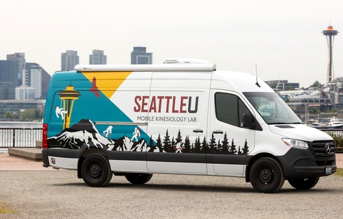 Mobile lab with Space Needle in the background