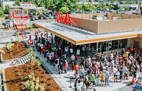 Aerial view of a Dick's Drive-In restaurant with a crowd of diners