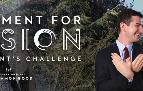 Our Moment for Mission with a photo of two alumni standing in front of a tree