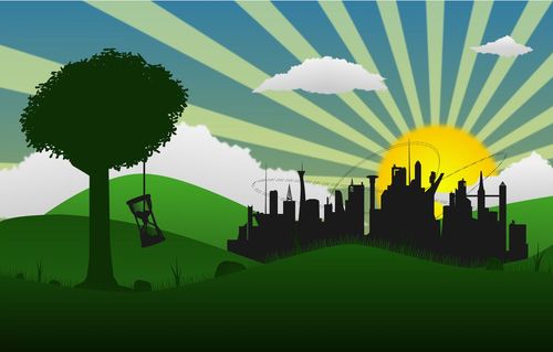Illustration of a tree overlooking a city skyline, representing environmental sustainability.