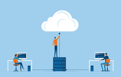 Illustration representing cloud technology that connects users through shared online resources.