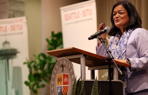 Rep. Pramila Jayapal on stage at the Seattle Setu conference