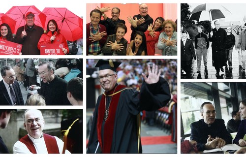 A collage of photos of Father Steve with students and during events, smiling and engaging with the community