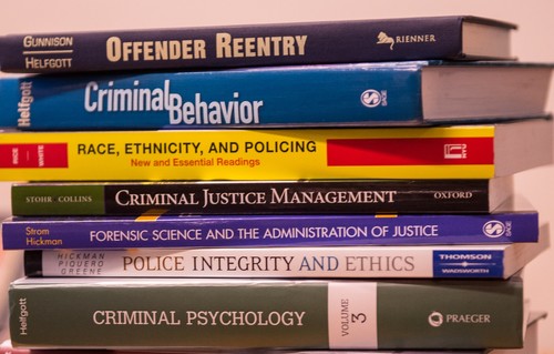 Stack of books authored by faculty