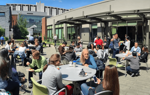 International Student Centers students enjoying lunch outside on a sunny day