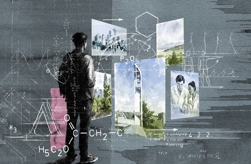 An Illustration of someone looking at different parts of Seattle through windows with graphic symbols around
