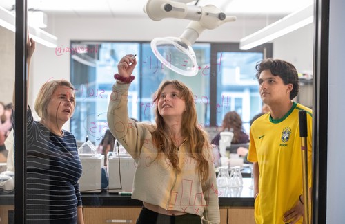Two students and a professor write on a glass wall