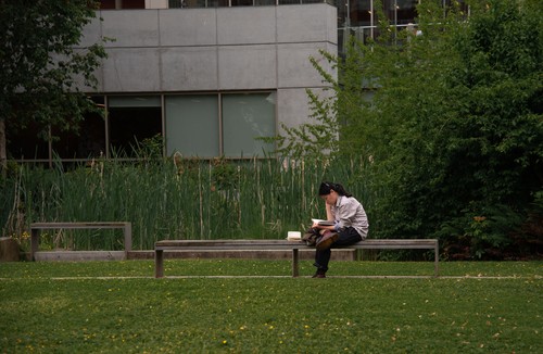 A man sitting on a bench in a park.
