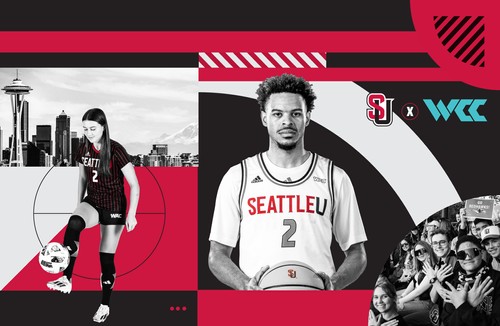 A collage of sports, fans, and Seattle photographs with black, grey and red shapesshapes.