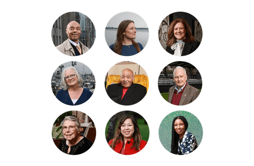 alumni award winner portraits in circles.