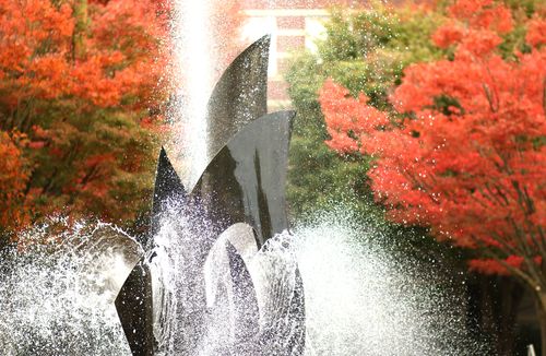 Fountain with colorful fall trees in background