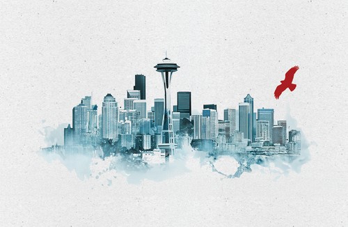 city skyline with redhawk