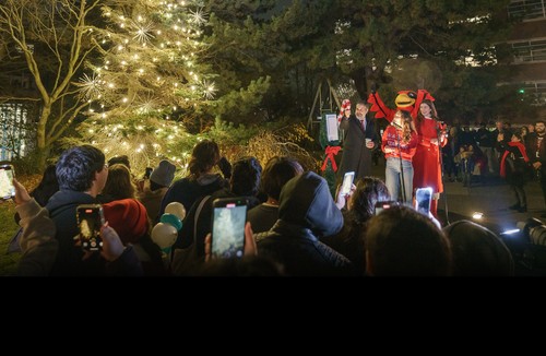 Students looking festive at the campus Christmas Tree Lighting event