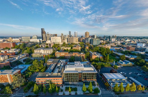 campus aerial view lit with morning sun