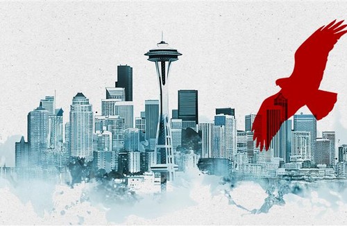 Illustrative Image of Seattle Skyline with Red Redhawk