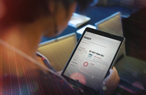 CDLI banner image, man using tablet with colorful distortion effect in background