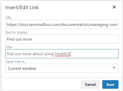 Screenshot showing adding a title to a link in the TinyMCE editor