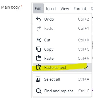 Screenshot showing the paste as text option